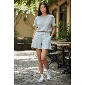 Vintage-Inspired Blue & Beige Pleated Skort With Button Details & Side Zip Closu